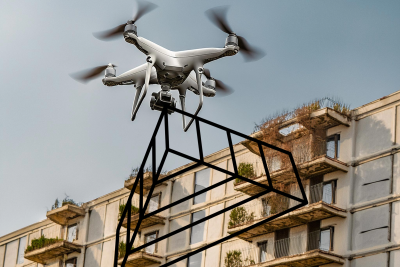 Drohne scant Mehrfamilienhaus