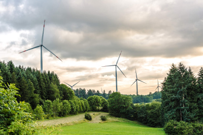 Mehrere Windräder stehen in einer Waldlandschaft verteilt zwischen Bäumen unter bewölktem Himmel.